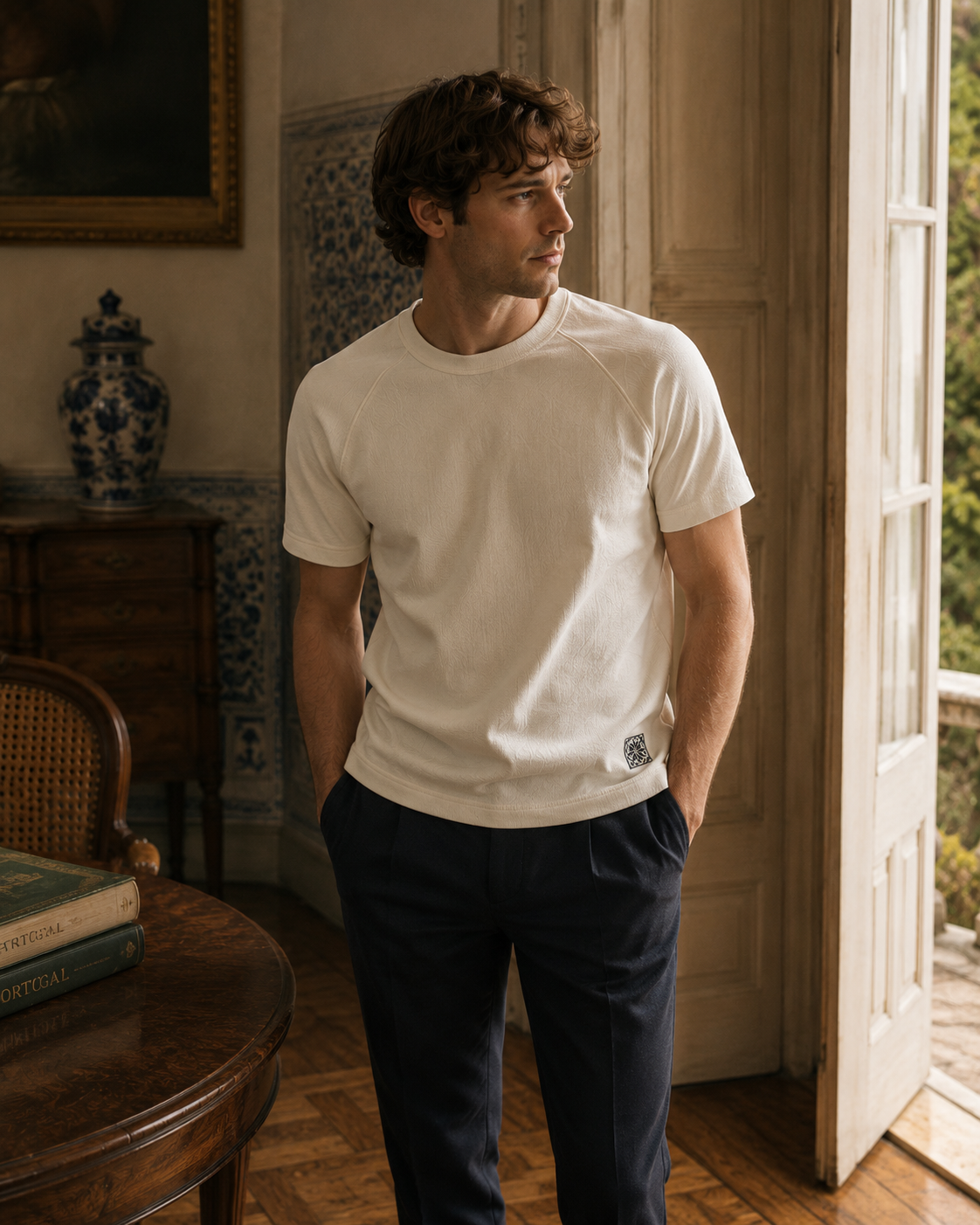 Model wearing the Maresial Raglan T-Shirt in Off White, styled with navy trousers